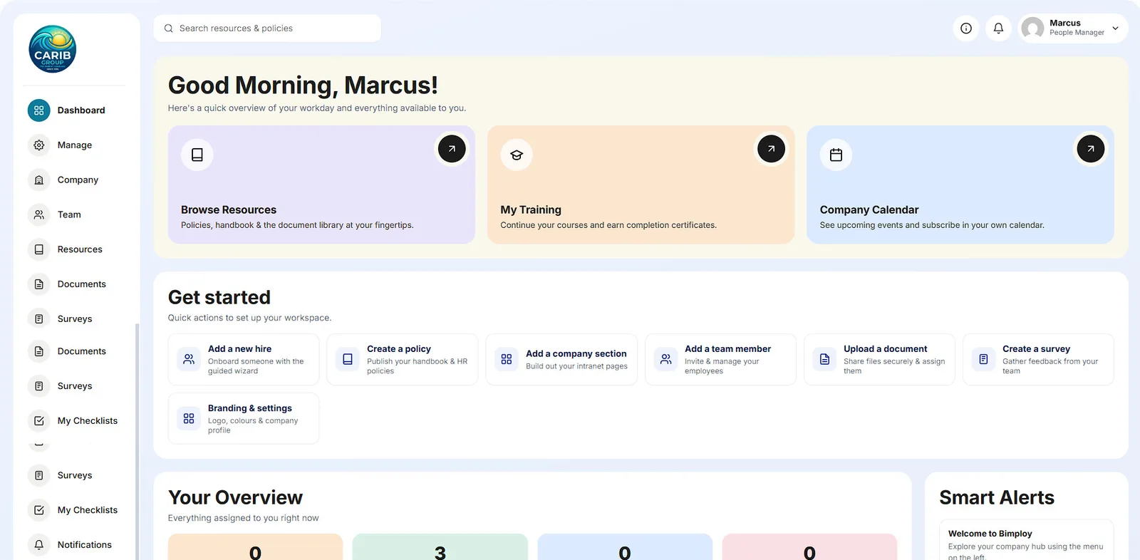 The Bimploy dashboard, showing a morning overview with resources, training and the company calendar
