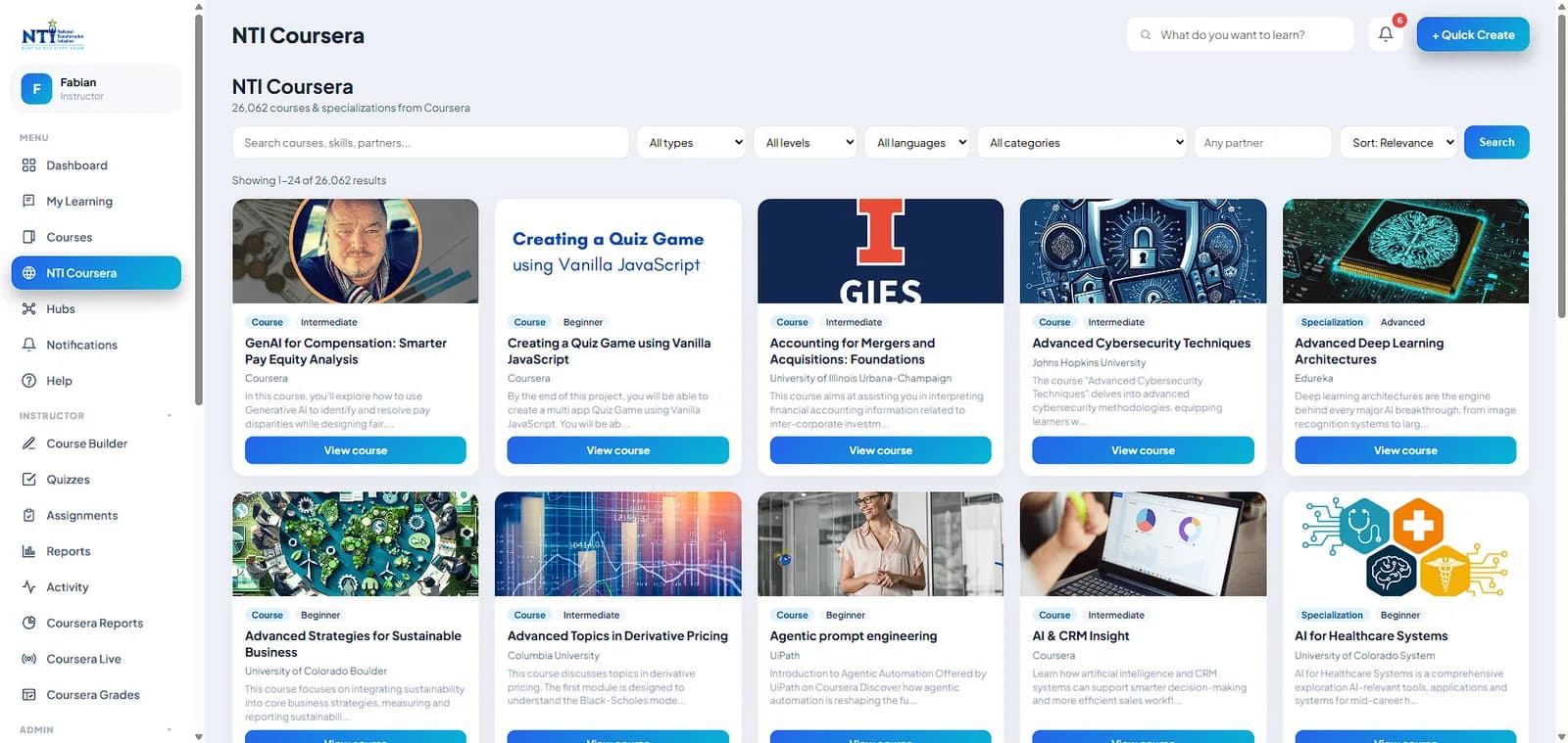 The National Transformation Initiative course explorer, showing a filtered catalogue of courses