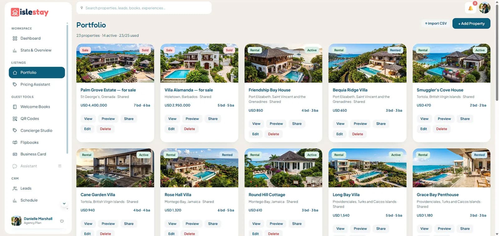 The Isle Stay portfolio, showing managed properties with their rates and availability