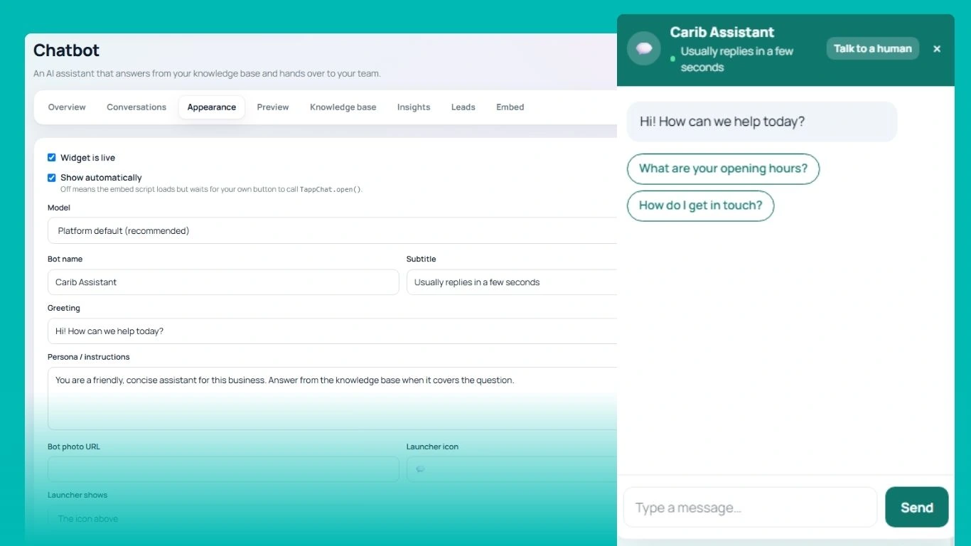 A chatbot being configured, beside the assistant answering a visitor on the site
