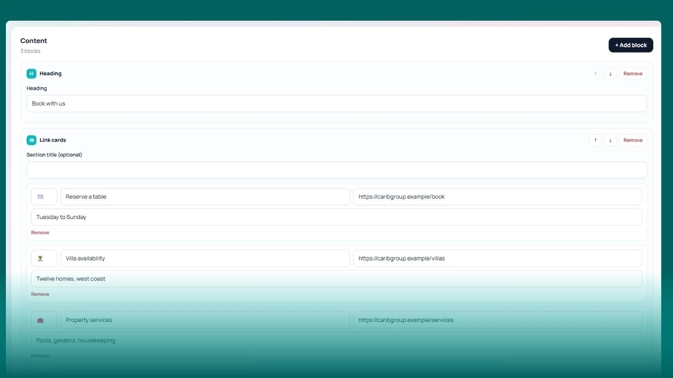 A landing page being assembled from content blocks in the page builder