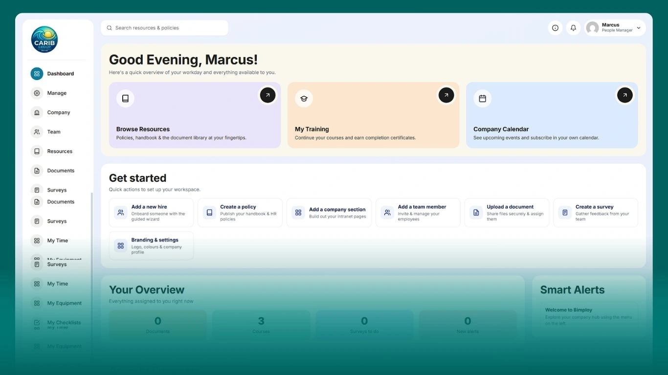 A staff onboarding dashboard with resources, training and getting-started steps