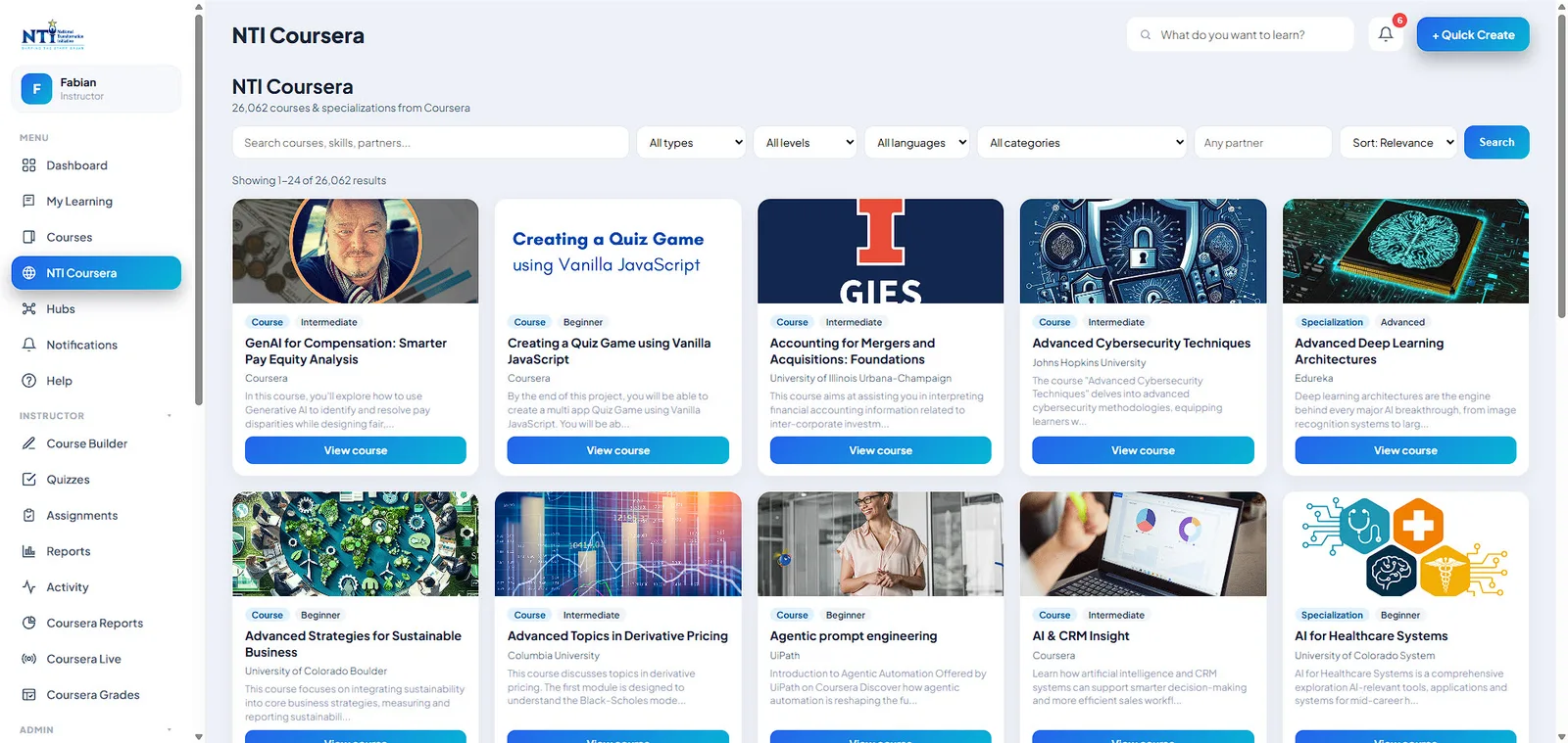 The National Transformation Initiative course explorer, showing a filtered catalogue of courses