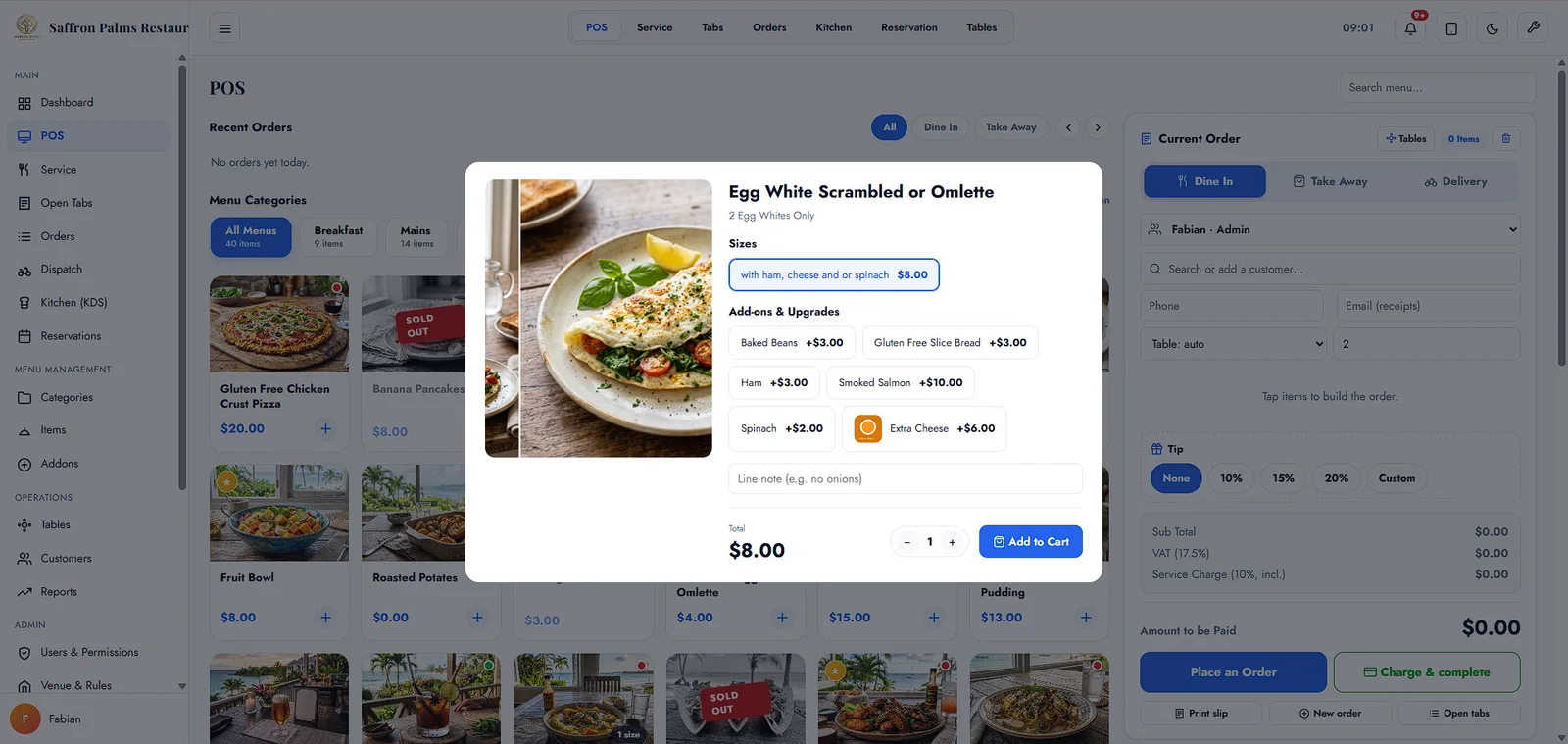 A restaurant point of sale, showing the menu grid, an open order and the running bill
